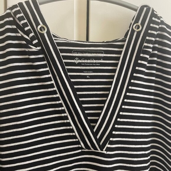 Coolibar Catalina Beach CoverUp Swim Dress UPF 50+ Black & White Striped Hood XL - Picture 2 of 12